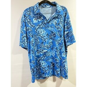 Under Armour Men Blue Tropical Palm Leaf Playoff Polo Shirt Large Loose Fit Golf